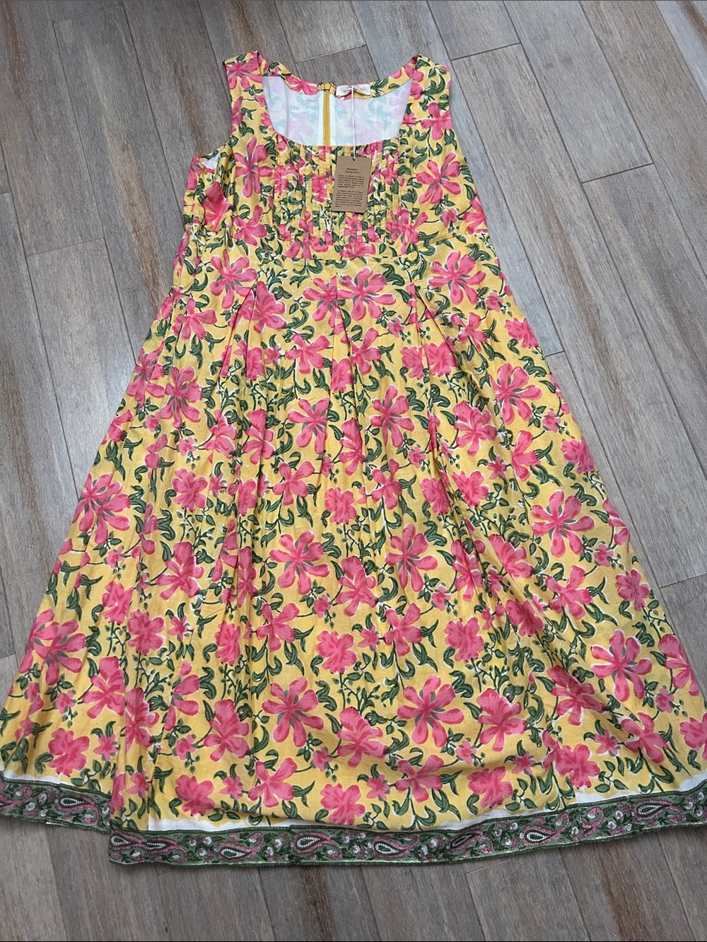 eShakti cotton square neck Yellow Floral Sundress with Pink Blooms size 22-24